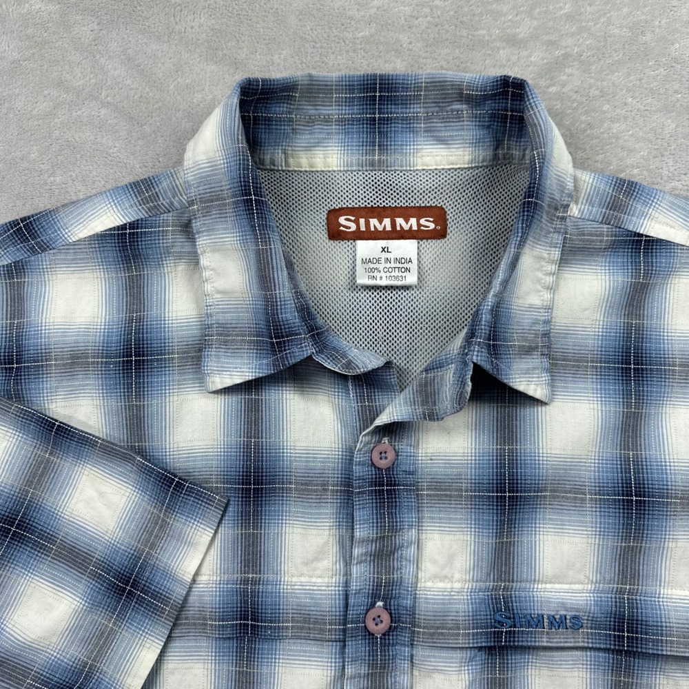 Simms Fishing Shirt Mens XL Blue White Plaid Short Sleeve 3XDRY Vented (Read)